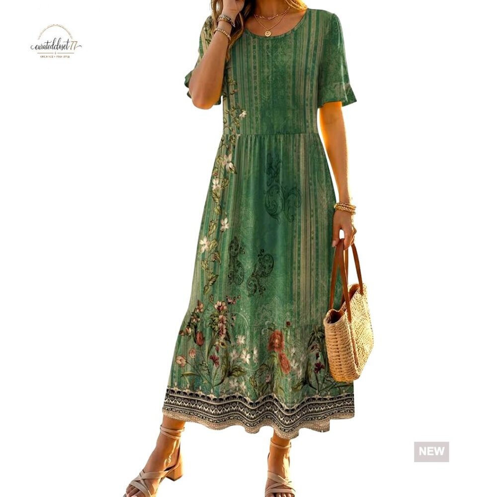Midi Summer Dress Flowy Ruffle Sleeve Tiered Boho Casual A-Line
